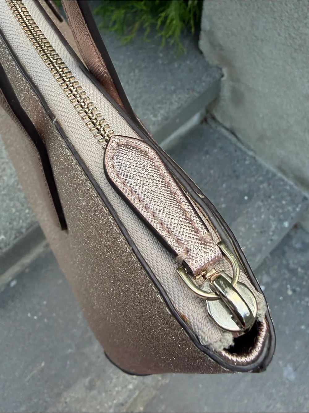 Kate Spade New York Rose Gold Glitter Zip Top Tote Shoulder Bag